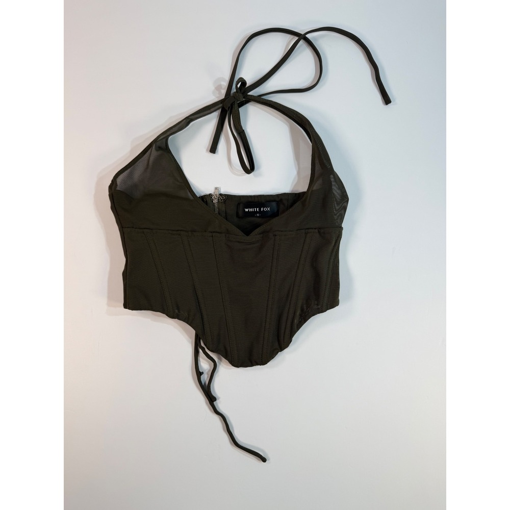 White‎ Fox Boutique Olive Green Corset Halter Crop Top Mesh Panel Small